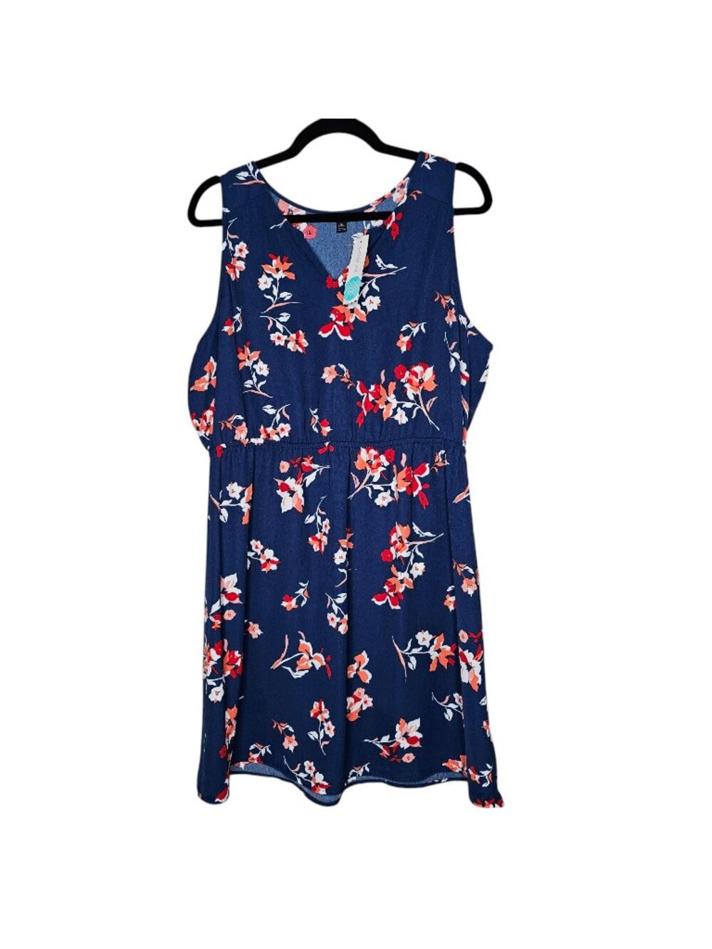 41 Hawthorn XLP Trisha Split Neck Dress Blue Floral Sleeveless Elastic Waist